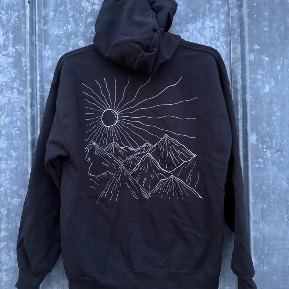 Black Hoodie with Mountain and Sun Design